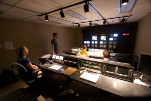 Students in Television Production Techniques work in the UMBC TV studio control room